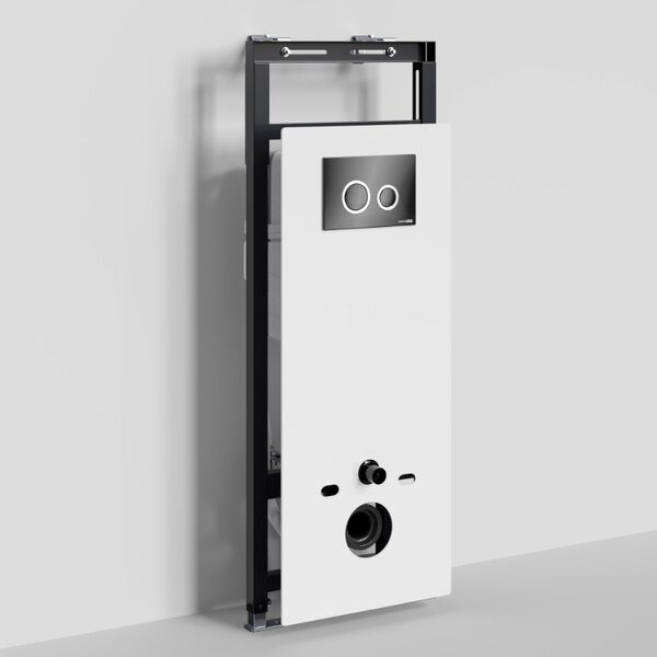 Инсталляция для унитаза Wasserkraft Salm 27TLT.010.ME.WH.PB01, декоративная стеклянная панель белая, механическая кнопка смыва черная, ободки хром