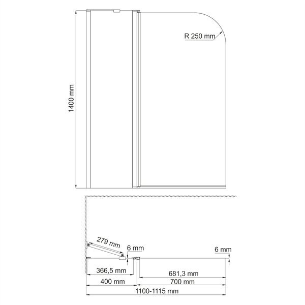 Шторка на ванну Wasserkraft Leine 35P02-110W Fixed, распашная, двустворчатая, с фиксатором