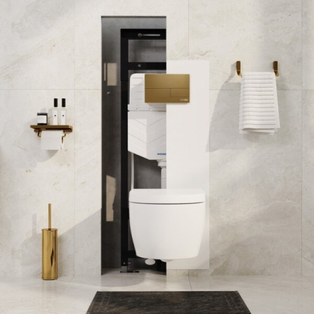 Инсталляция для унитаза Wasserkraft Salm 27TLT.010.ME.WH.PG04, декоративная стеклянная панель белая, механическая кнопка смыва золото глянцевое