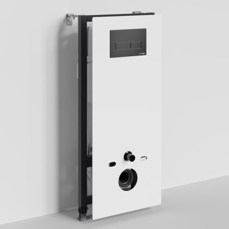 Инсталляция для унитаза Wasserkraft Abens 20TLT.010.ME.WH.MB03, декоративная стеклянная панель белая, механическая кнопка смыва черная матовая