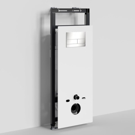 Инсталляция для унитаза Wasserkraft Salm 27TLT.010.ME.WH.BN04, декоративная стеклянная панель белая, механическая кнопка смыва никель