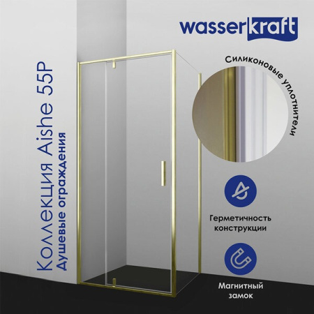Душевой уголок Wasserkraft Aisch 55P17, 100 х 80 х 200 см, профиль матовое золото, стекло прозрачное