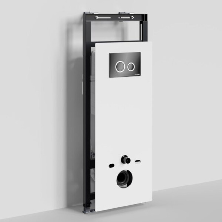 Инсталляция для унитаза Wasserkraft Salm 27TLT.010.ME.WH.PB01, декоративная стеклянная панель белая, механическая кнопка смыва черная, ободки хром