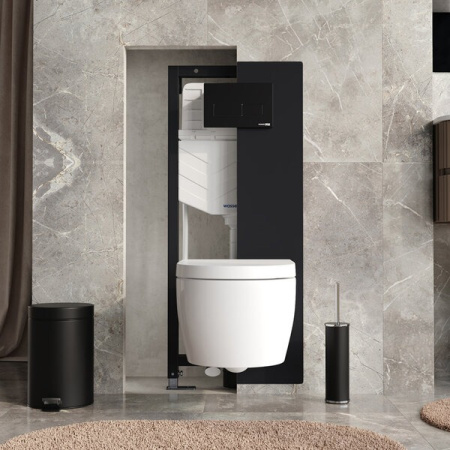Инсталляция для унитаза Wasserkraft Abens 20TLT.010.ME.BL.MB03, декоративная стеклянная панель черная, механическая кнопка смыва черная матовая