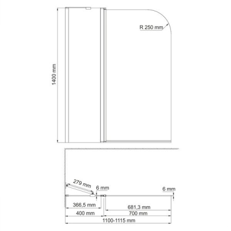 Шторка на ванну Wasserkraft Leine 35P02-110W Fixed, распашная, двустворчатая, с фиксатором