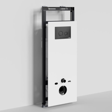 Инсталляция для унитаза Wasserkraft Salm 27TLT.010.ME.WH.MB01, декоративная стеклянная панель белая, механическая кнопка смыва черная матовая