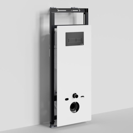 Инсталляция для унитаза Wasserkraft Salm 27TLT.010.ME.WH.MB03, декоративная стеклянная панель белая, механическая кнопка смыва черная матовая