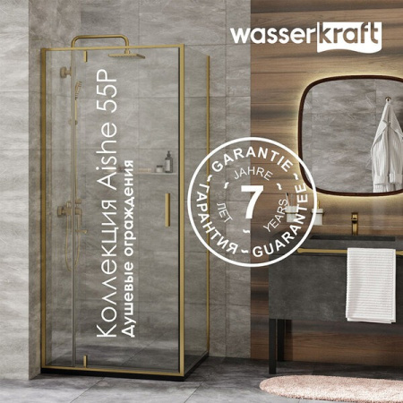 Душевая дверь в нишу Wasserkraft Aisch 55P12, 100 х 200 см, профиль матовое золото, стекло прозрачное