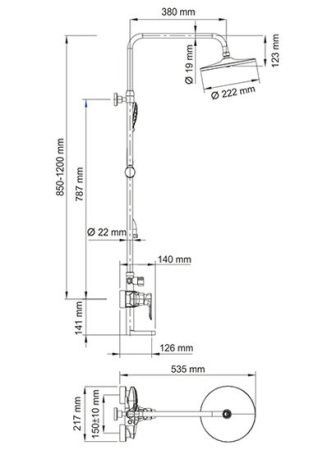 Душевая стойка Wasserkraft A16601, верхний душ 22,2 см, с изливом, хром